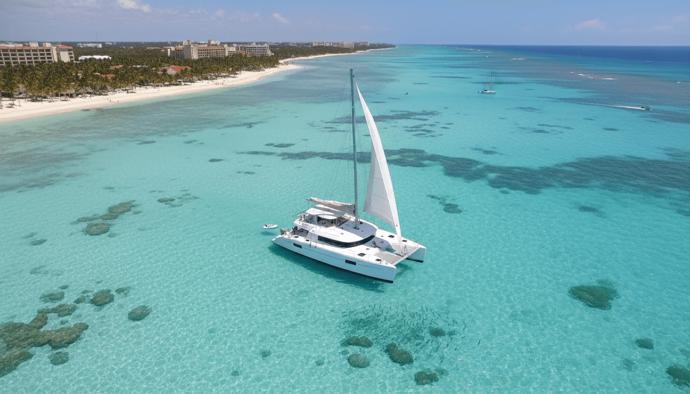 Vista aérea de un catamarán navegando por las aguas turquesas del Caribe cerca de Punta Cana